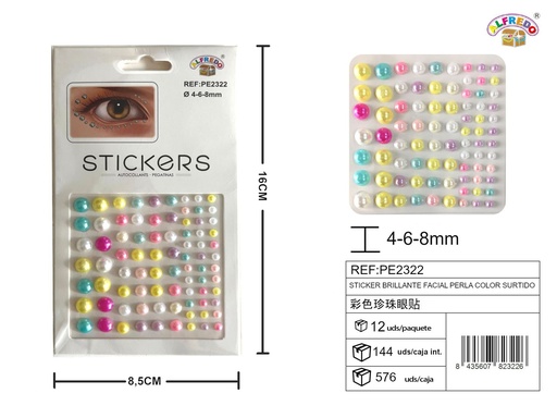 [PE2322] Sticker brillante facial perla color 4,6,8mm 8.5x16 cm - Decoraciones faciales