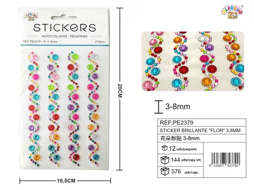 [PE2379] Sticker Brillante "Flor" 3.8mm-272pcs 10.5x20 cm - Adorno de diamantes y perlas