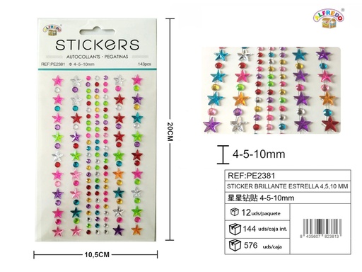 [PE2381] Sticker Brillante "Estrella" 4.5,10mm-143pcs 10.5x20 cm - Adorno de diamantes y perlas