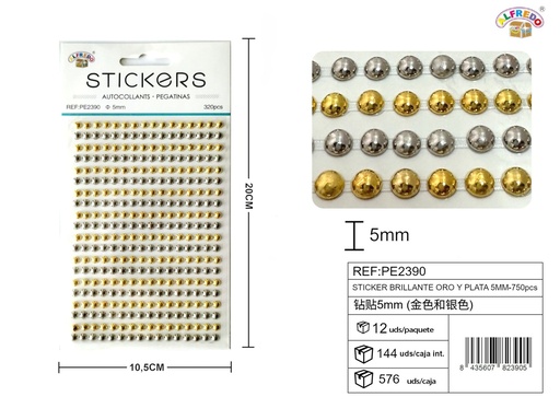 [PE2390] Sticker Brillante Oro y Plata 5mm-320pcs 10.5x20 cm - Adorno de diamantes y perlas
