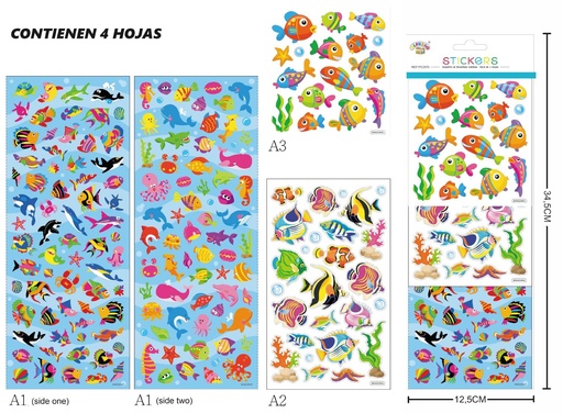 [PE2570] Stickers decorativos 4 hojas "Peces" 12.5x34.5cm - Material decorativo para niños