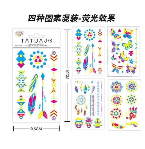 [TA2630] Stickers Tatuajes Color Neón 9.5x19 cm - Adhesivos infantiles
