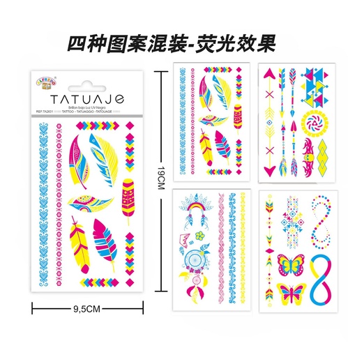 [TA2631] Stickers tatuajes color neón 9.5x19cm para decoración temporal