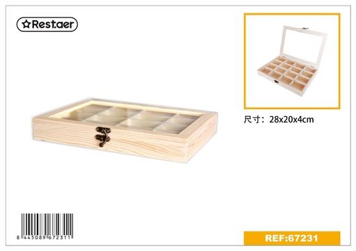[67231] Set de 3 cajas de madera rectangular con 16 compartimentos 28x20x4 cm 