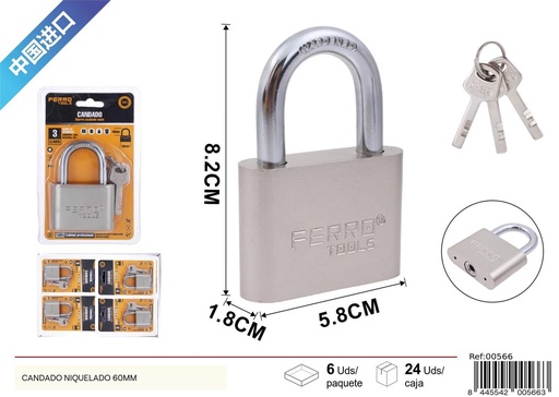[00566] Candado niquelado 60mm para seguridad y uso doméstico