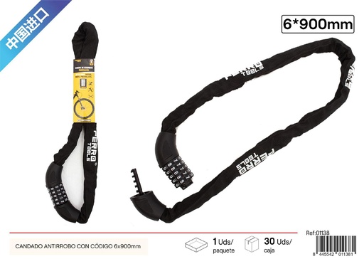 [01138] Candado antirrobo con código 6x900 mm - Accesorios de bicicleta