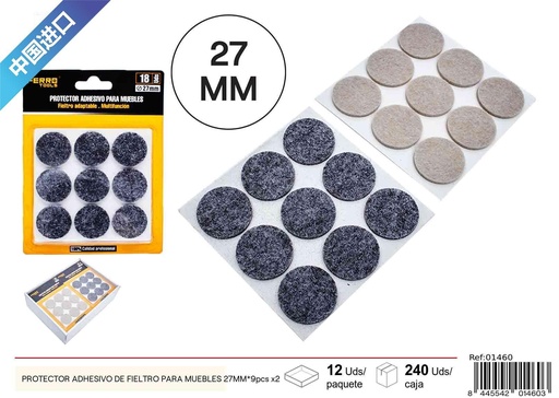 [01460] Protector adhesivo de fieltro redondo para muebles 27MM - 9 pcs x2, material para muebles