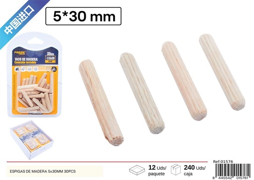[01576] Espigas de madera 5x30mm 30PCS - Accesorios para muebles