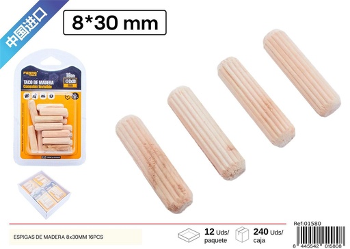 [01580] Espigas de madera 8x30mm 16PCS - Accesorios para muebles