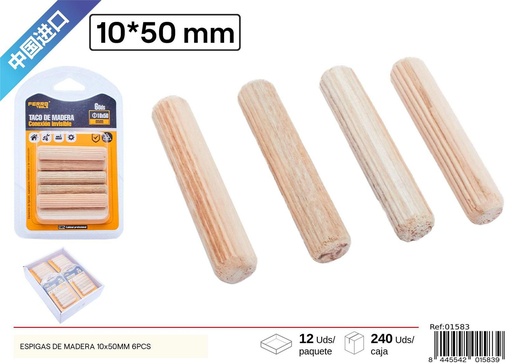 [01583] Espigas de madera 10x50mm 6PCS - Accesorios para muebles