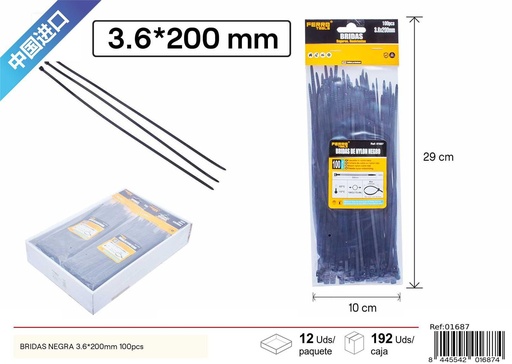 [01687] Bridas negras 100 uds 3.6*200mm - Herramientas de ferretería