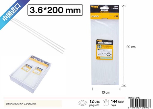 [01697] Bridas blancas 100 uds 3.6*200mm - Herramientas de ferretería