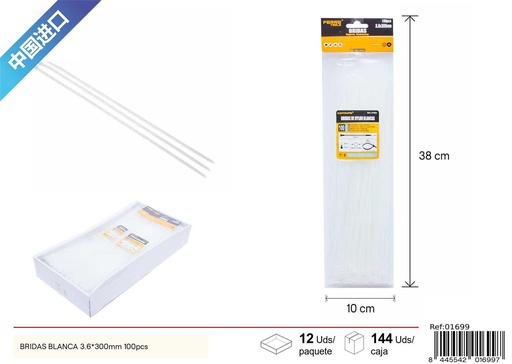 [01699] Bridas blancas 3.6*300mm (100 pcs) - Accesorios de ferretería