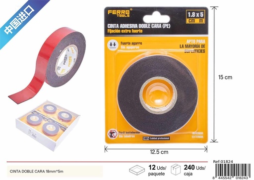 [01824] Adhesivo doble cara PE rojo con espuma negra 1 mm de grosor 18mm*5m - Herramientas de ferretería