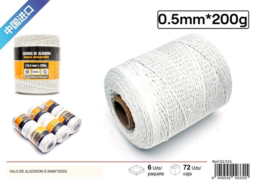 [02331] Hilo de algodón blanco 0.5 mm x 200 g - Ferretería y accesorios de costura