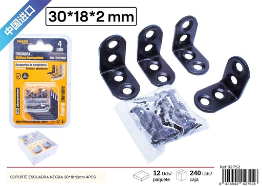 [02752] Soporte escuadra negra 30*18*2 mm 4 piezas - Accesorios de ferretería