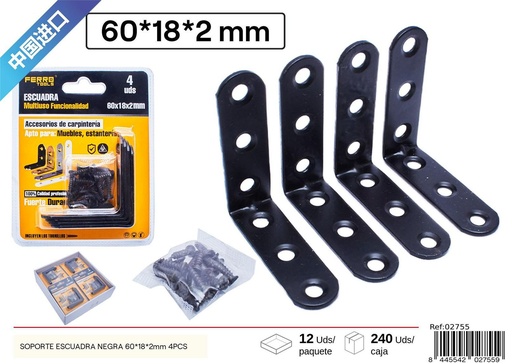 [02755] Soporte escuadra negra 60 x 18 x 2 mm (4 pcs) - Accesorios de ferretería