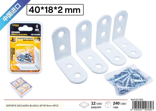 [02760]  Soporte escuadra blanca 40*18*2 mm 4 pcs - Accesorios de ferretería