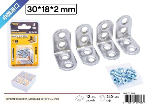[02766] Soporte escuadra inoxidable 30x18x2 mm 4 piezas - Soportes y estructurales