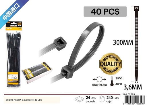 [02889] Bridas Negras 40Pcs 3.6 x 300mm - Accesorios de Ferretería
