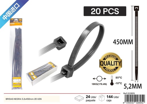 [02895]  Bridas de nylon negra 20 pcs 5.2*450 mm - Accesorios ferretería