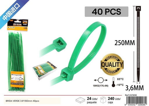 [02908] Brida de nylon verde (set de 40) 3.6*250 mm - Accesorios de ferretería