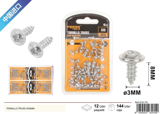 [03170] Tornillo Truss autoperforante galvanizado 3x8mm - Accesorios de ferretería