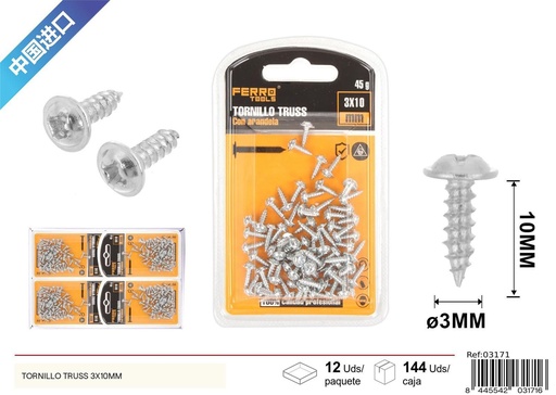 [03171] Tornillo Truss autoperforante galvanizado 3x10mm - Accesorios de ferretería