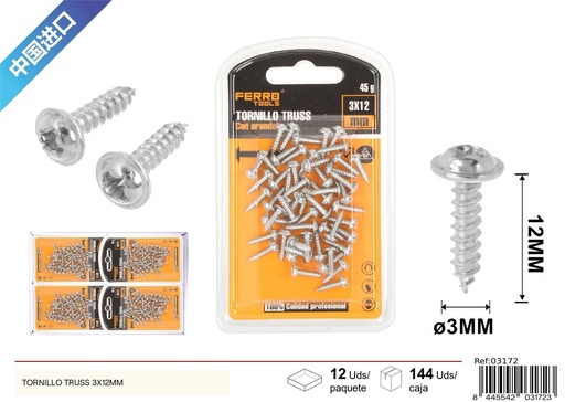 [03172] Tornillo Truss autoperforante galvanizado 3x12mm - Accesorios de ferretería