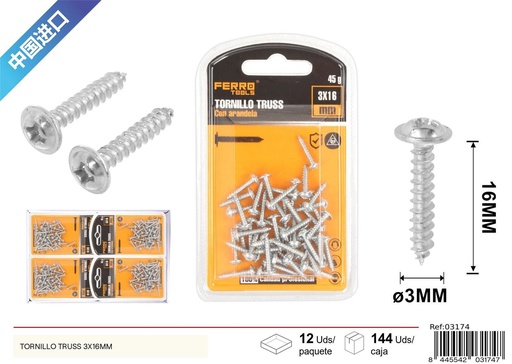 [03174] Tornillo Truss autoperforante galvanizado 3x16mm - Accesorios de ferretería