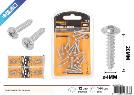 [03180] Tornillo Truss autoperforante galvanizado 4x20mm - Accesorios de ferretería