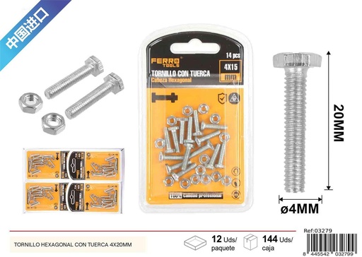 [03279] Tornillo hexagonal con tuerca 4x20mm - Accesorios de ferretería