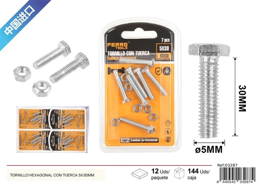 [03287] Tornillo hexagonal con tuerca 5x30mm - Accesorios de ferretería
