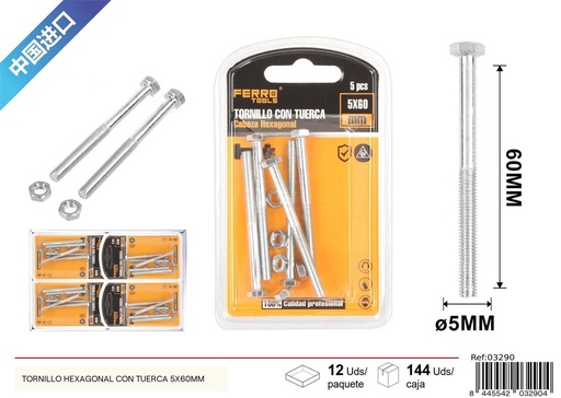 [03290] Tornillo hexagonal con tuerca 5x60mm - Accesorios de ferretería