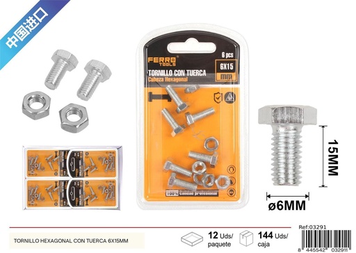 [03291] Tornillo hexagonal con tuerca 6x15mm - Accesorios de ferretería