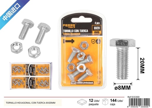 [03300] Tornillo hexagonal con tuerca 8x20mm - Accesorios de ferretería