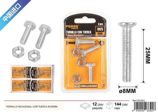 [03301] Tornillo hexagonal con tuerca 8x25mm - Accesorios de ferretería