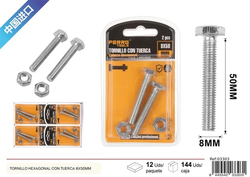 [03303] Tornillo hexagonal con tuerca 8x50mm - Accesorios de ferretería