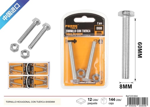[03304] Tornillo hexagonal con tuerca 8x60mm - Accesorios de ferretería