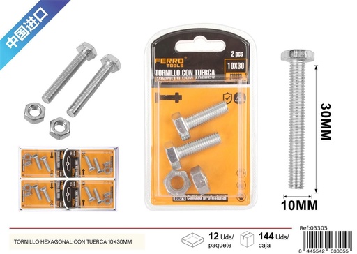 [03305] Tornillo hexagonal con tuerca 10x30mm - Accesorios de ferretería