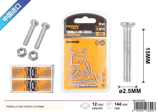 [03309] Tornillo con tuerca 2.5x15mm - Accesorios de ferretería