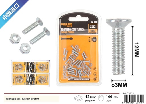 [03311] Tornillo con tuerca 3x12mm - Accesorios de ferretería
