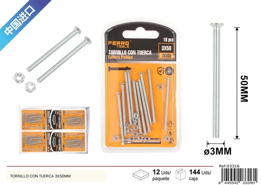 [03316] Tornillo con tuerca 3x50mm - Accesorios de ferretería
