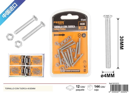 [03321] Tornillo con tuerca 4x30mm - Accesorios de ferretería
