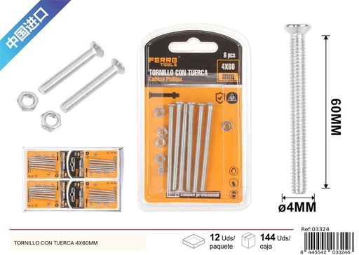 [03324] Tornillo con tuerca 4x60mm - Accesorios de ferretería