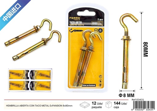 [03431]  Hembrilla abierta con taco metálico 8x80 mm - Accesorios de ferretería