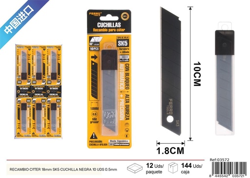 [03572] Recambio de cúter 18mm SK5 cuchilla negra 10uds - Herramientas