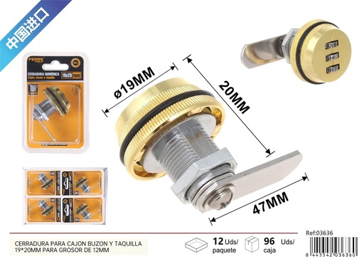 [03636] Cerradura numérica para cajón y taquilla 19x20 mm, grosor 12 mm - Herrajería