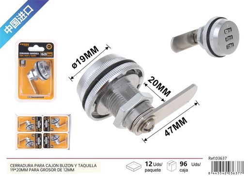 [03637] Cerradura numérica para cajón buzón y taquilla 19x20 mm - Accesorios de ferretería