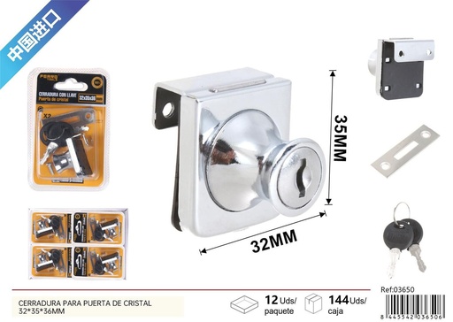 [03650] Cerradura para puerta de cristal con llave 32x35x36mm